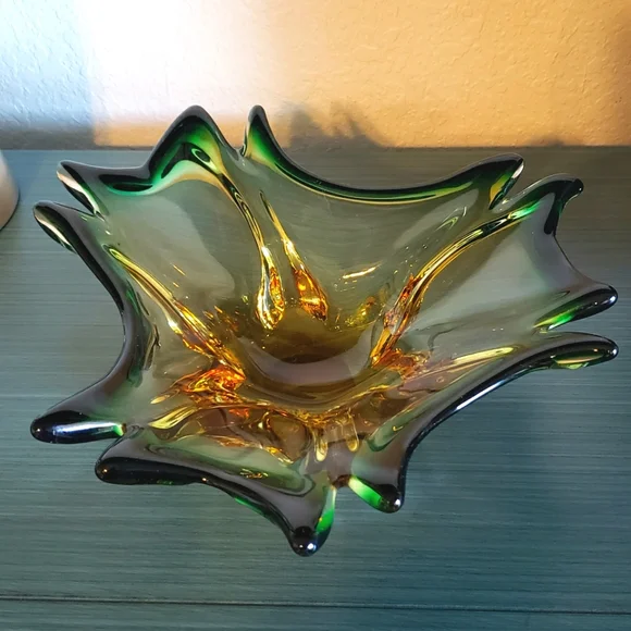 Vintage Handblown Green & Amber Art Glass Mid-Century Modern Art Deco Boho Bowl - Picture 3 of 13
